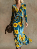 Elegant vintage print V-neck velvet maxi dress