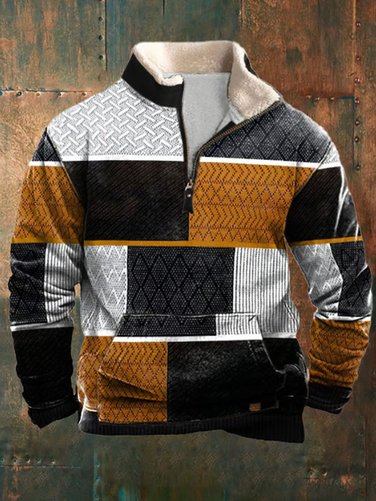 Men's Retro Western Print Plush Stand Collar Zip Sweatshirt artswardrobe