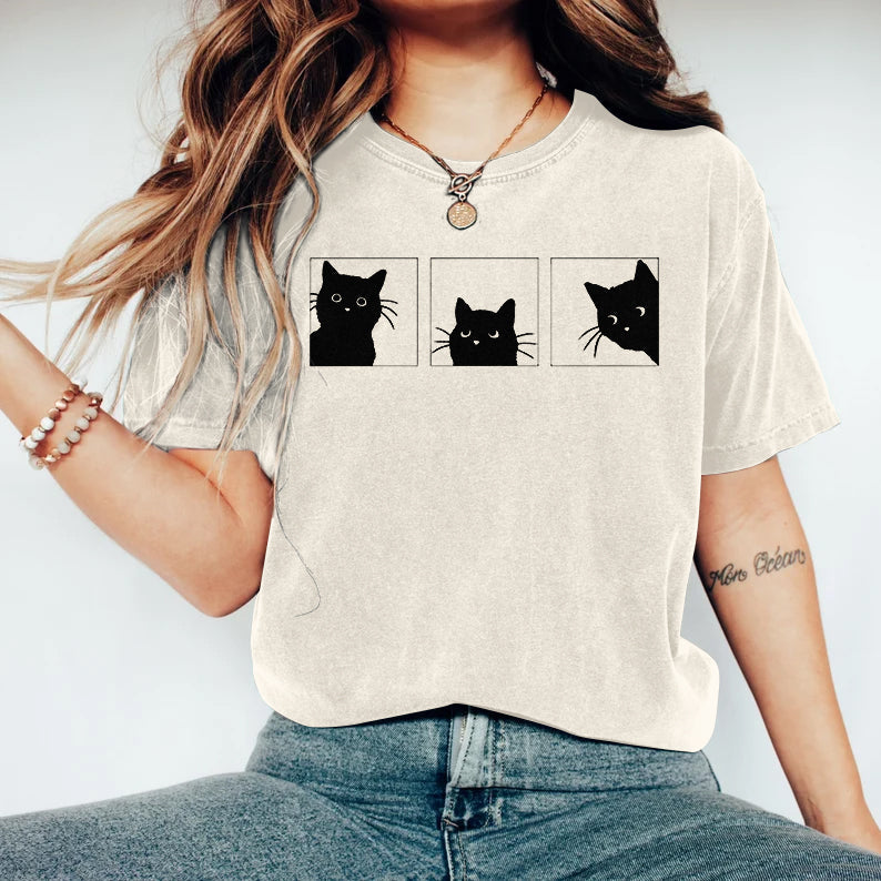 Comstylish Women's Abstract Creative Cute Black Cat Art Print T-shirt