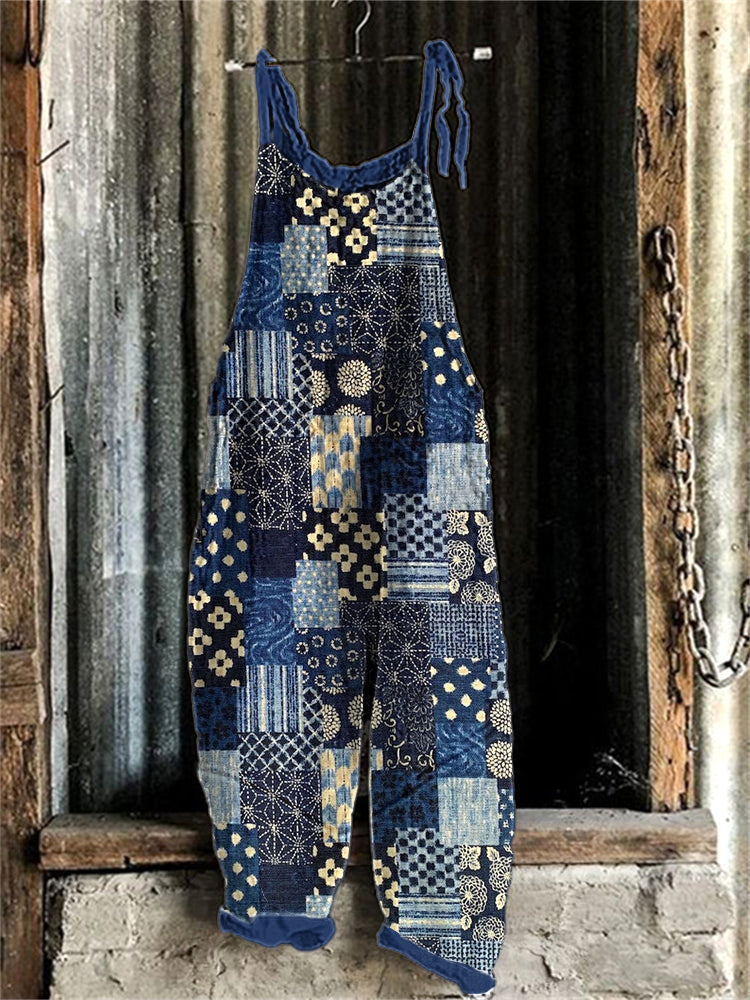 Comstylish Vintage Japanese Art Patchwork Linen Blend Jumpsuit