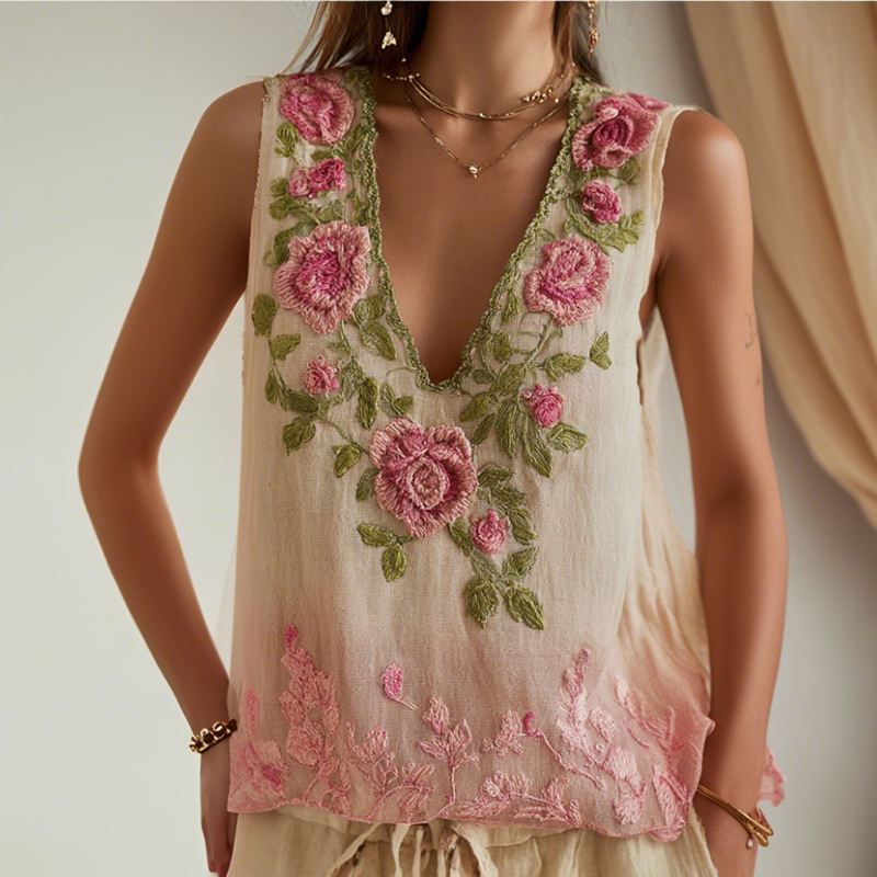 Women's Vintage Floral Embroidery Casual Sleeveless Top artswardrobe