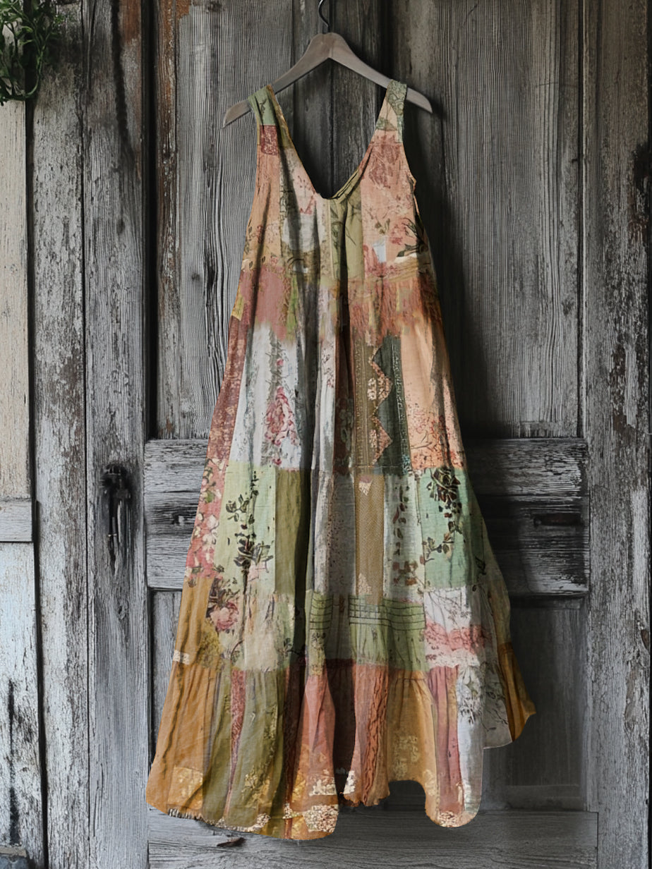 Women's Vintage Floral Patchwork Cotton And Linen Dress artswardrobe
