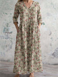 Women's V-Neck Elegant Vintage Floral Cotton Dress with Pockets