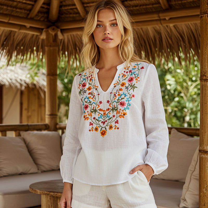 Comstylish Retro Bohemian Floral Embroidery Art Graphics Cotton And Linen Blend Loose Blouse