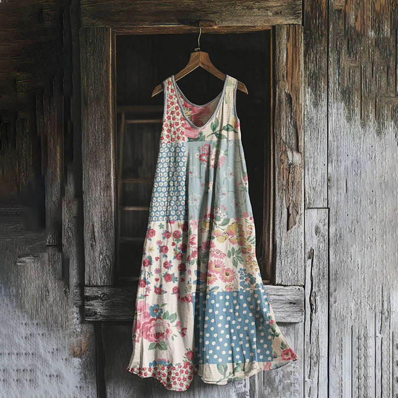 Comstylish Women's Vintage Bohemian Floral Patch Dress