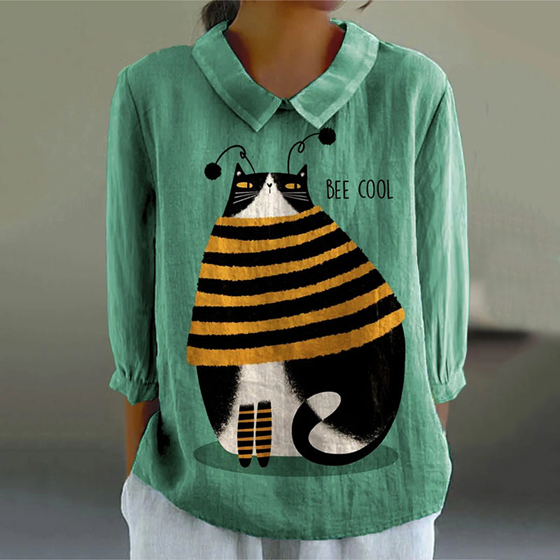 Women's Cute Cat Art  Casual Linen Shirt artswardrobe