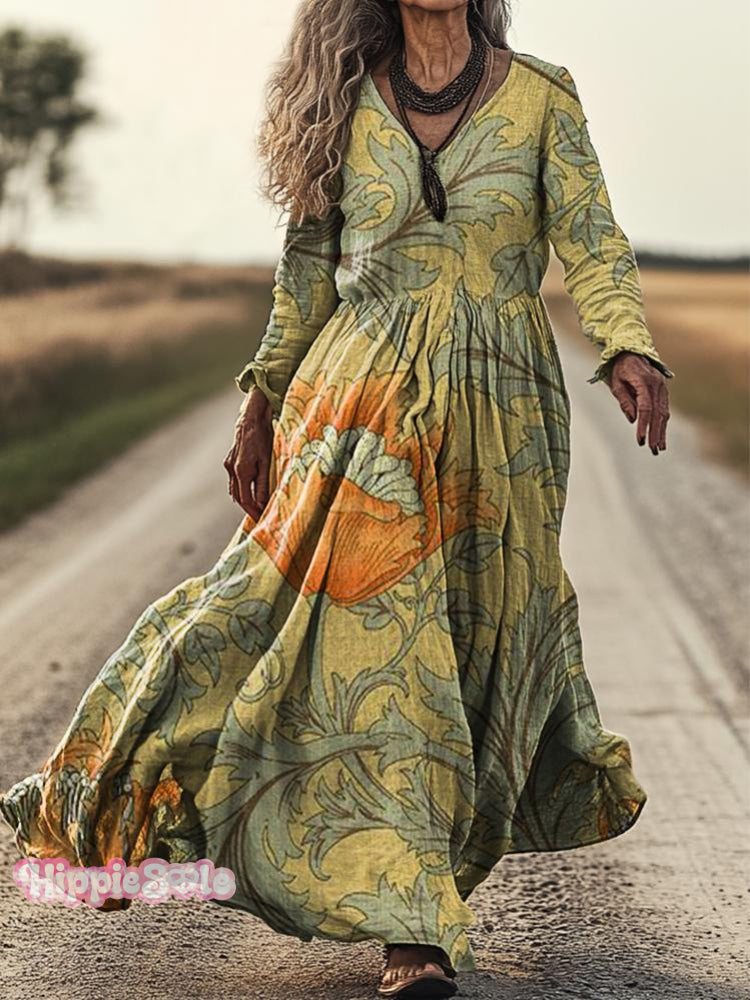 Women's vintage ornate floral Print Pocket Cotton Dress