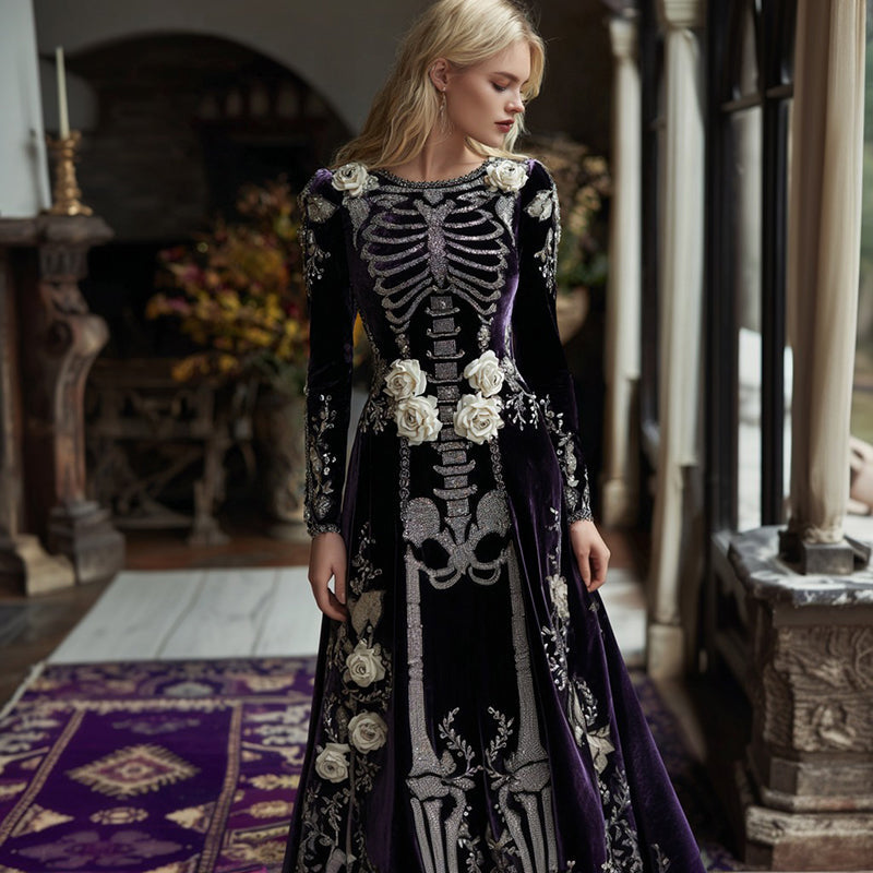 Comstylish Women's Classic Rose Skeleton Velvet Round Neck Maxi Dress