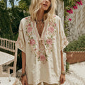 Women's Vintage Rose Floral Art V Neck Linen Comfy T-shirt artswardrobe