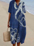 Women's Octopus Art Print V-Neck Midi Dress