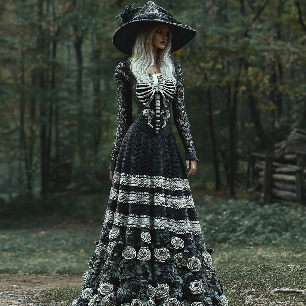 Comstylish Halloween Skeleton & Rose Art Women's Knit Crew Neck Maxi Dress