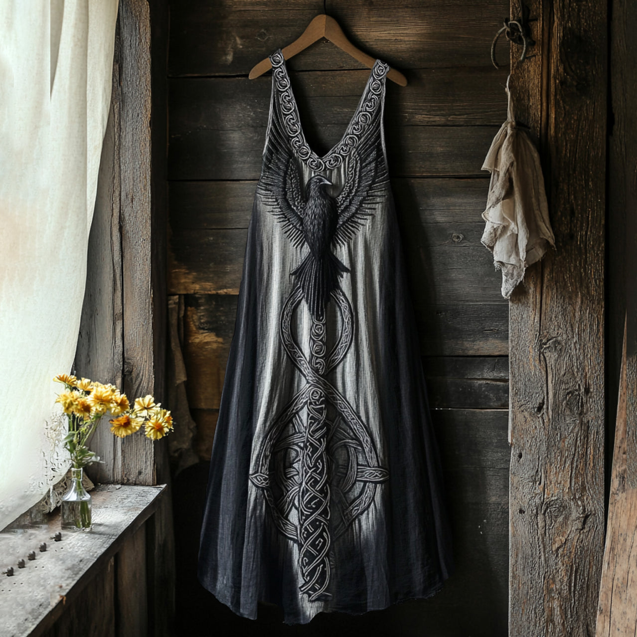 Women's Viking Tribal Bird Totem Linen Tank Dress artswardrobe