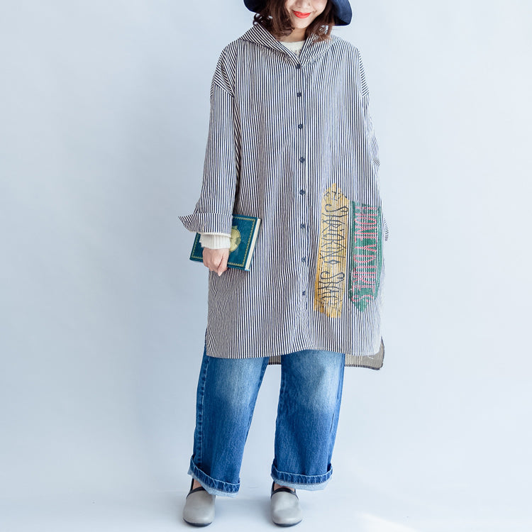 Autumn Black Beige Striped Prints Cotton Shirt Dress Hooded Cardigans Mid Dress