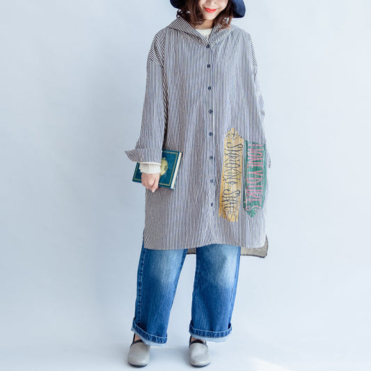 Autumn Black Beige Striped Prints Cotton Shirt Dress Hooded Cardigans Mid Dress