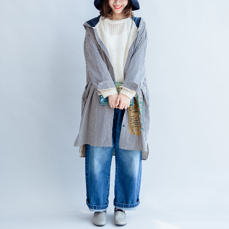 Autumn Black Beige Striped Prints Cotton Shirt Dress Hooded Cardigans Mid Dress
