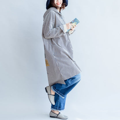 Autumn Black Beige Striped Prints Cotton Shirt Dress Hooded Cardigans Mid Dress