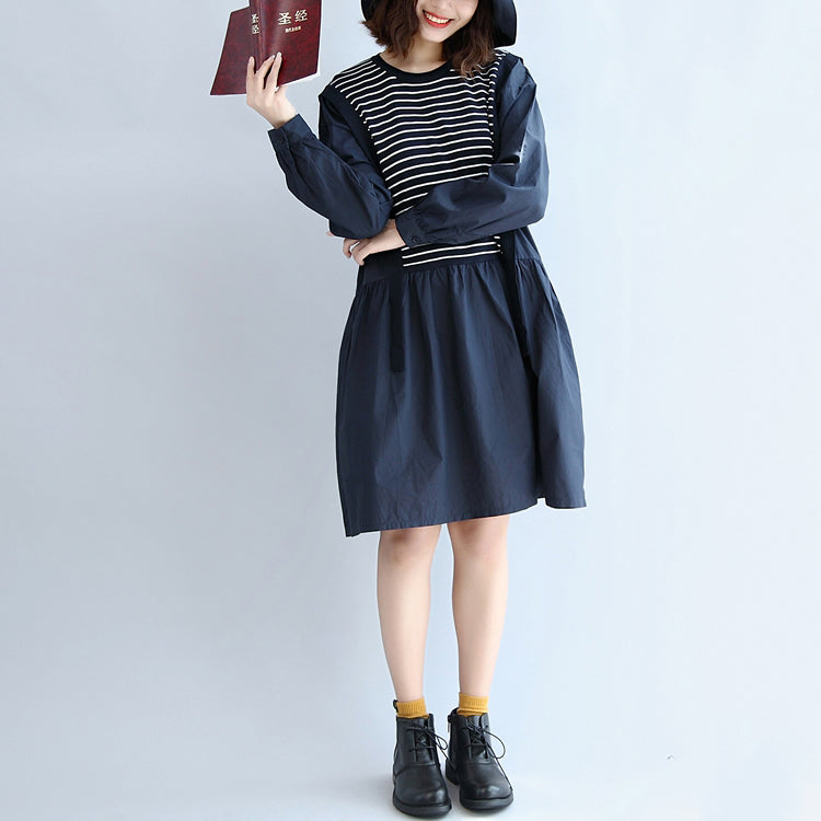 Autumn Cotton Patchwork Knit Striped Dresses Oversize Elastic Waist Long Sleeve Mid Dress
