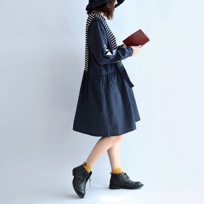 Autumn Cotton Patchwork Knit Striped Dresses Oversize Elastic Waist Long Sleeve Mid Dress