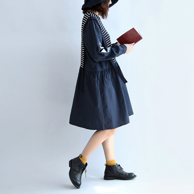 Autumn Cotton Patchwork Knit Striped Dresses Oversize Elastic Waist Long Sleeve Mid Dress