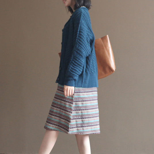 Autumn Dark Blue Cotton Cardigan Lace Chunky Sweater Tops