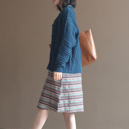 Autumn Dark Blue Cotton Cardigan Lace Chunky Sweater Tops