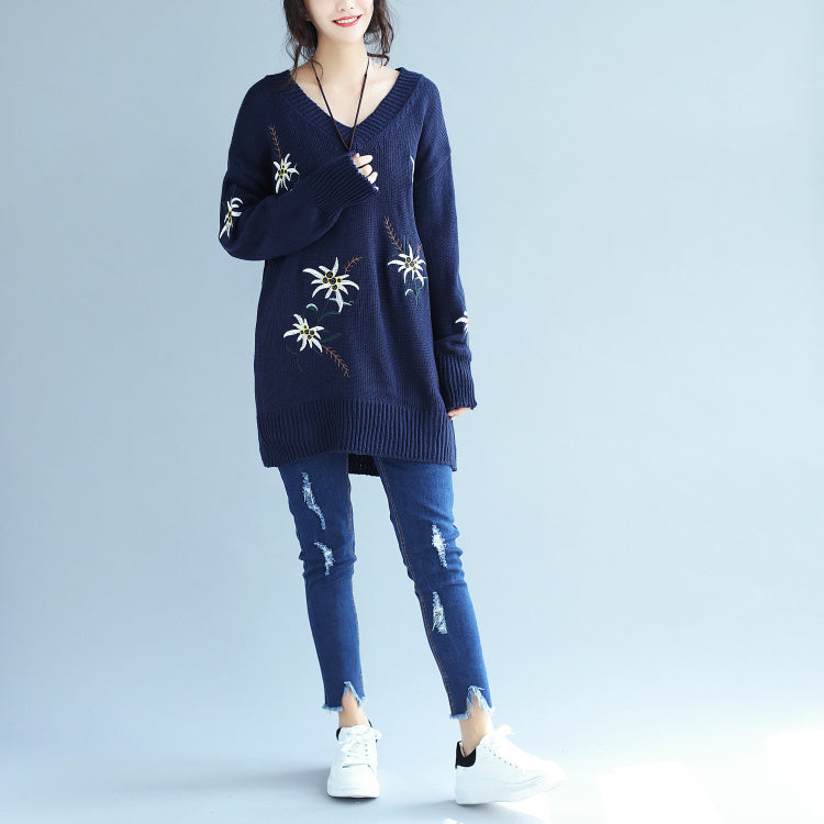 Autumn Blue Embroidery Sweater Dress Oversize Mid Long Knit Pullover Dresses