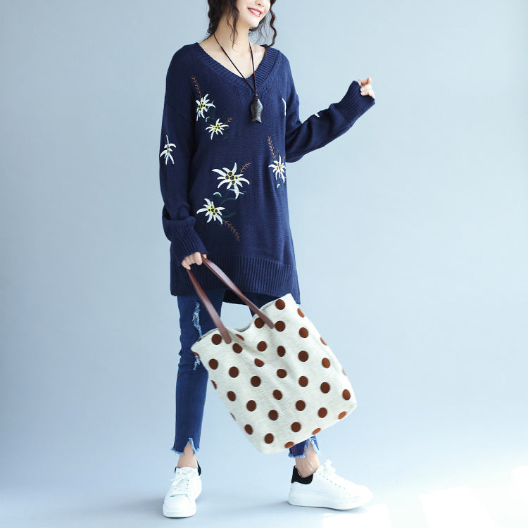 Autumn Blue Embroidery Sweater Dress Oversize Mid Long Knit Pullover Dresses