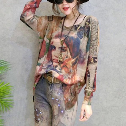 Autumn Print Knit Pullover O Neck Sweaters