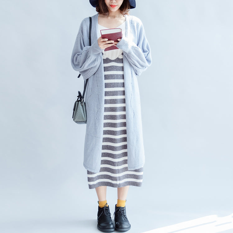 Autumn Light Blue Cotton Sweater Outwear Oversize Hollow Out Sweater Cardigan