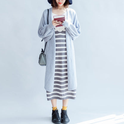 Autumn Light Blue Cotton Sweater Outwear Oversize Hollow Out Sweater Cardigan