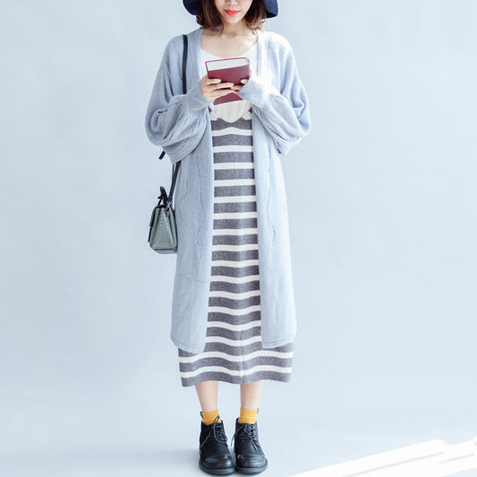 Autumn Light Blue Cotton Sweater Outwear Oversize Hollow Out Sweater Cardigan