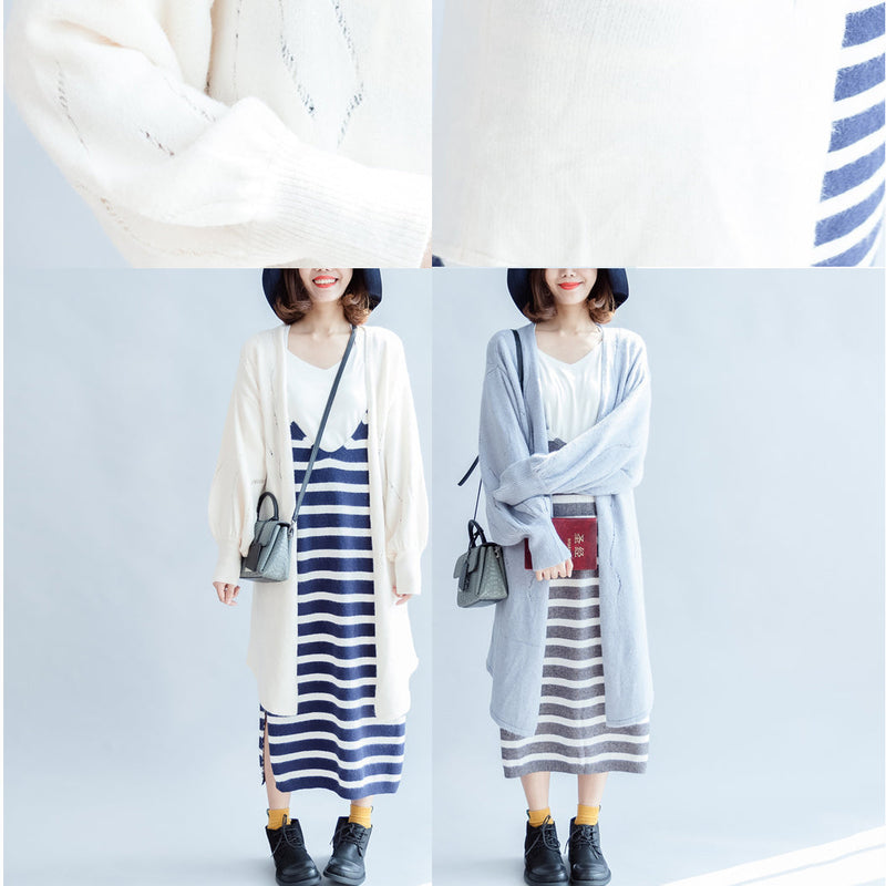 Autumn Light Blue Cotton Sweater Outwear Oversize Hollow Out Sweater Cardigan