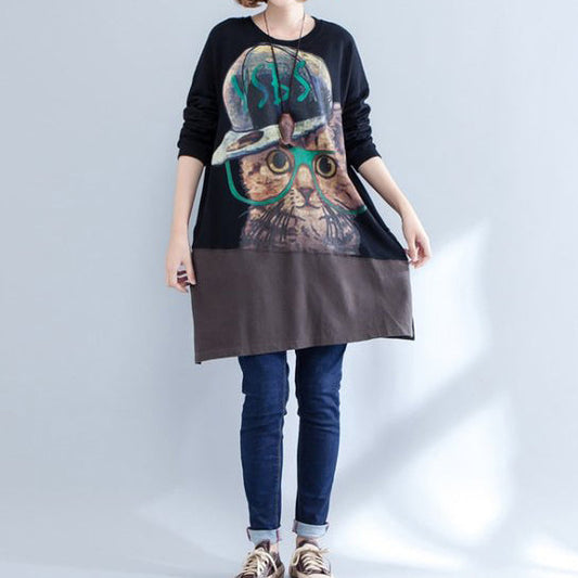 Autumn New Black Patchwork Cotton Prints Dresses O Neck Mid Dress