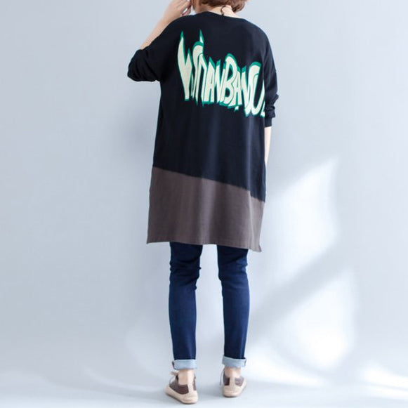 Autumn New Black Patchwork Cotton Prints Dresses O Neck Mid Dress