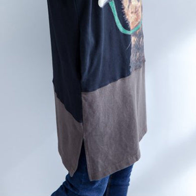 Autumn New Black Patchwork Cotton Prints Dresses O Neck Mid Dress