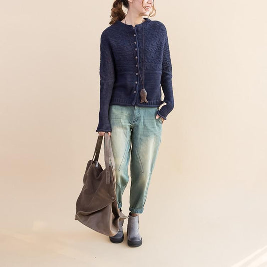 Autumn New Dark Blue Cotton Sweater Batwing Sleeve Woolen Knit Tops