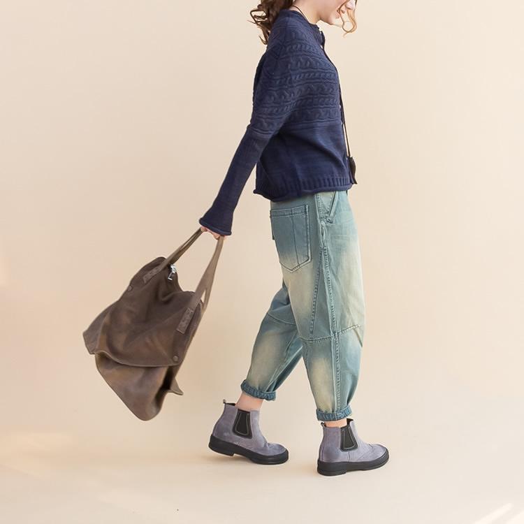 Autumn New Dark Blue Cotton Sweater Batwing Sleeve Woolen Knit Tops