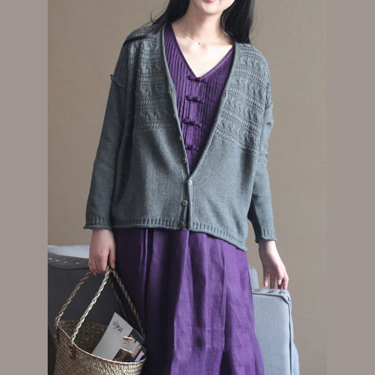 Autumn New Dark Gray V Neck Cotton Blended Knit Cardigans Chunky Cable Sweater Coat