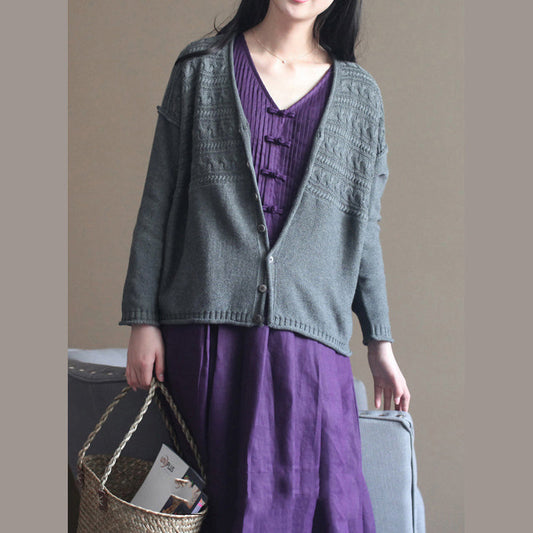 Autumn New Dark Gray V Neck Cotton Blended Knit Cardigans Chunky Cable Sweater Coat