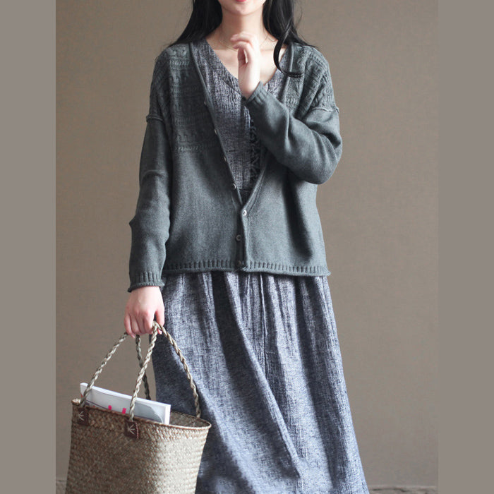 Autumn New Dark Gray V Neck Cotton Blended Knit Cardigans Chunky Cable Sweater Coat