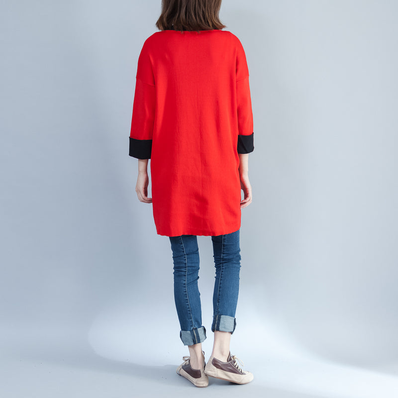 Autumn New Red Cotton Knit Tops O Neck Pullover