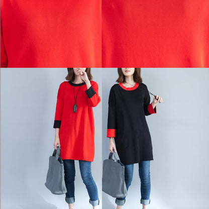 Autumn New Red Cotton Knit Tops O Neck Pullover