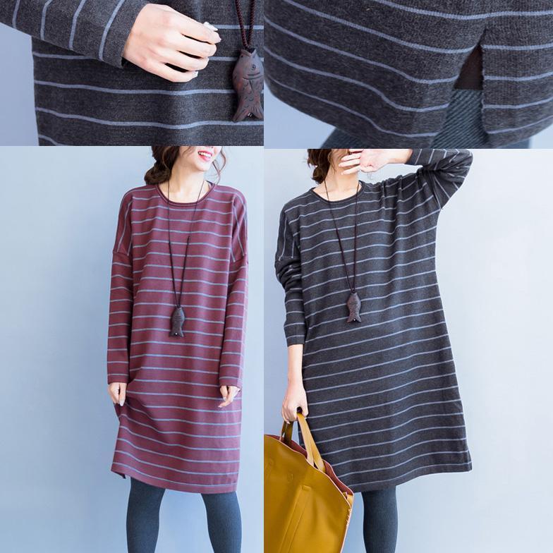 Autumn New Red Striped Woolen Blended Sweater Dresses Loose O Neck Knit Sweater Dress
