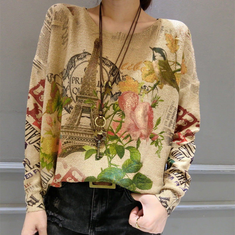 Autumn Bird Prints Sweater Tops O Neck Knit Pullover