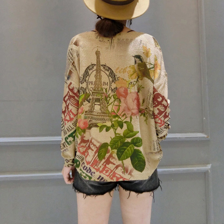 Autumn Bird Prints Sweater Tops O Neck Knit Pullover
