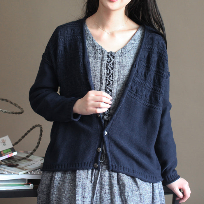 Autumn V Neck Cotton Knit Cardigans Navy Sweater Tops