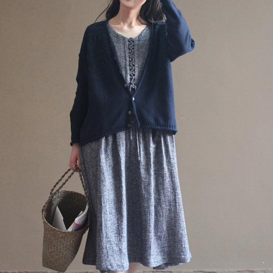 Autumn V Neck Cotton Knit Cardigans Navy Sweater Tops