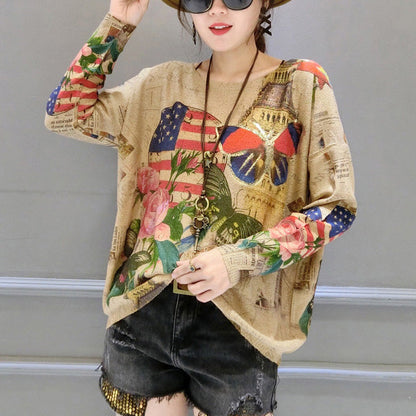 Autumn Winter New Butterfly Prints Cotton Knit T Shirt Oversize O Neck Sweater