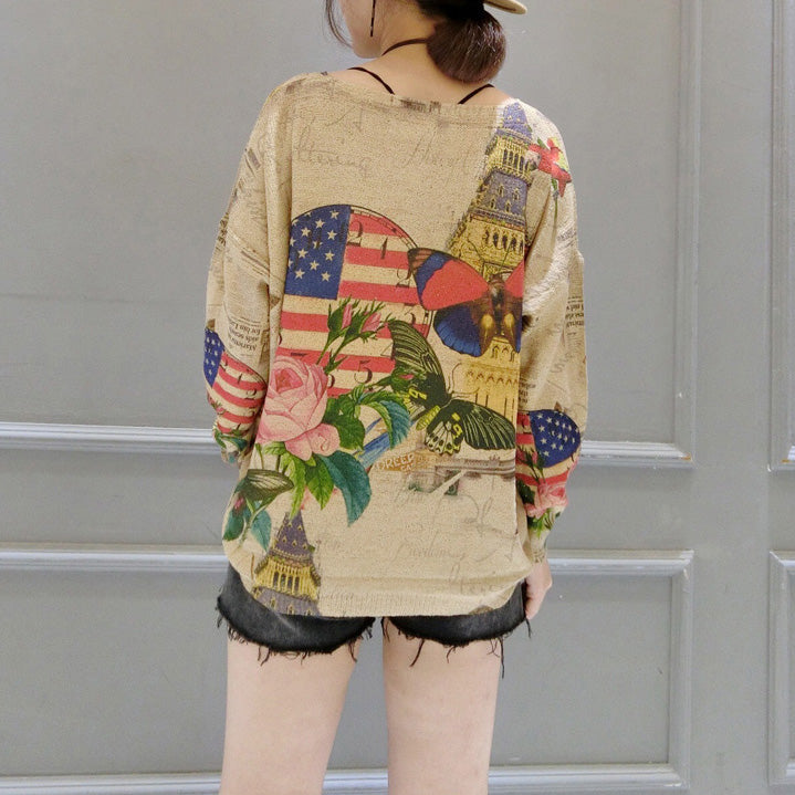 Autumn Winter New Butterfly Prints Cotton Knit T Shirt Oversize O Neck Sweater