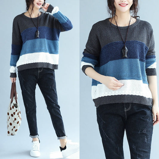 Autumn Winter Patchwork Woolen Knit Tops Blue Gray Striped Sweater